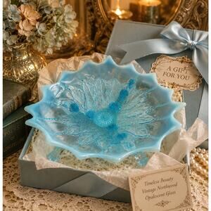Vintage Northwood Blue Opalescent Footed Candy Dish Leaf & Beads Glass